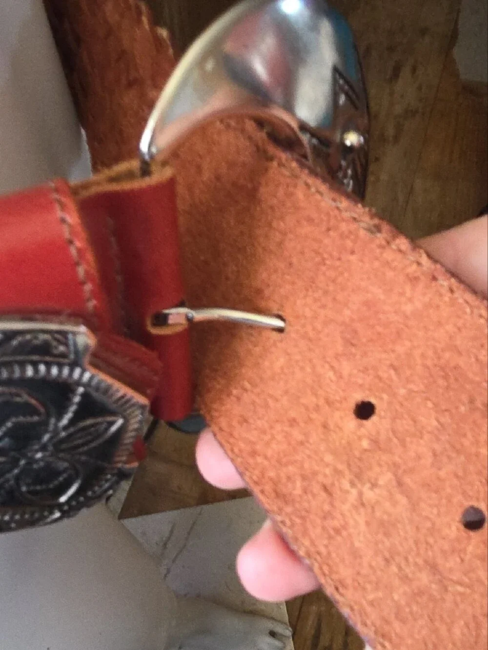 Woven Leather Western-Style Women's Belt in Maroon with Silver Buckle Accents
